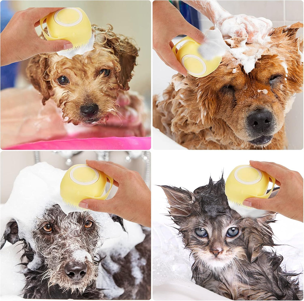 Dog Cat Bath Brush, Dog Shampoo Brush Silicone Puppy Massage Brush Hair Fur Grooming Cleaning Brush Soft Shampoo Dispenser (Yellow New)