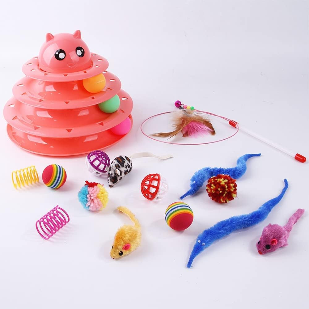15PCS Cats Feather Toys-Kitten Interactive Assortments Including Tower of Tracks 3-Tier Cat Toy, Feather Teaser -Wand,Bells Toys,Crinkle Balls,Springs,Fluffy Mouse (Accessories Color Random) (Pink)