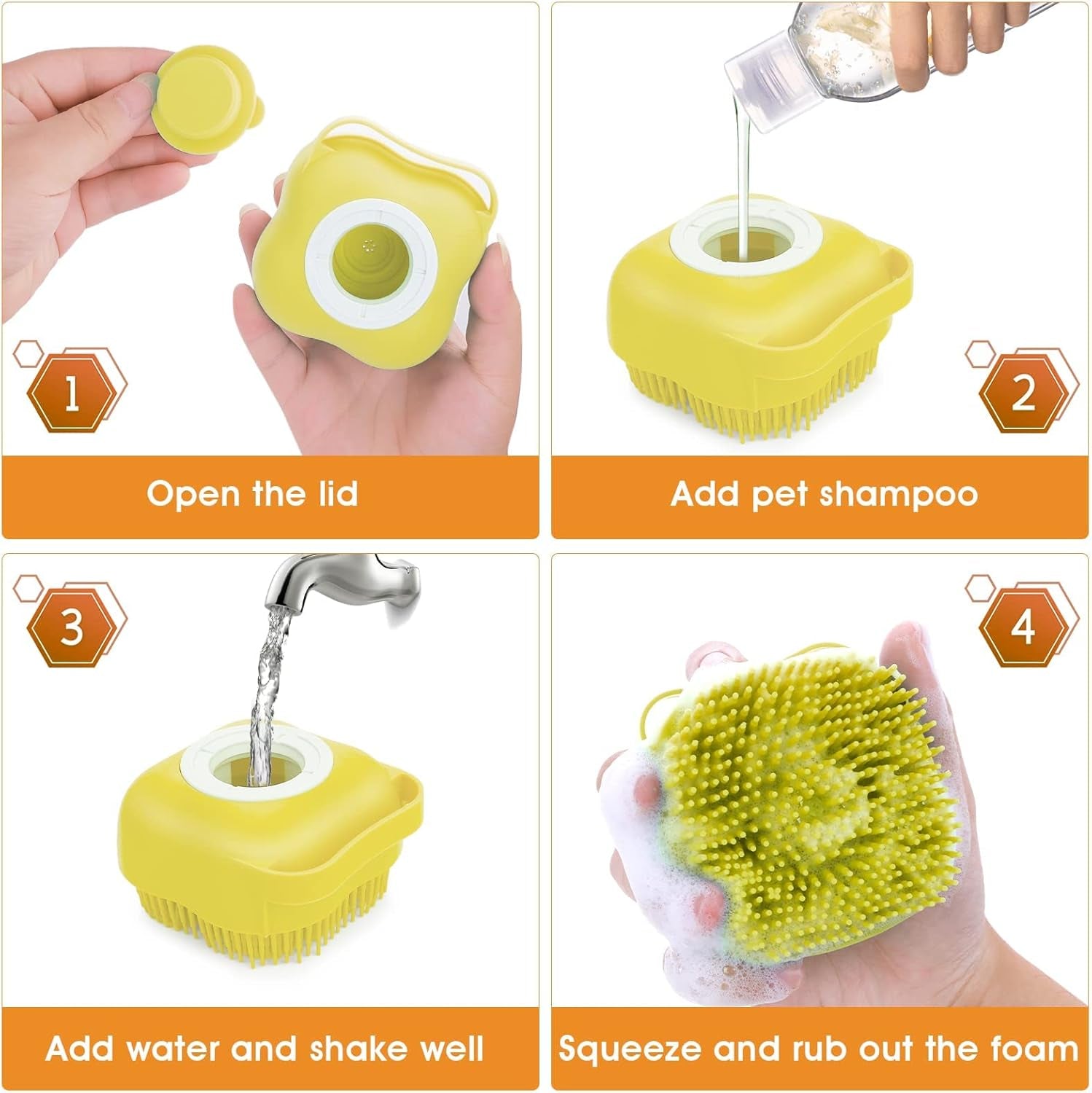 Dog Cat Bath Brush, Dog Shampoo Brush Silicone Puppy Massage Brush Hair Fur Grooming Cleaning Brush Soft Shampoo Dispenser (Yellow New)