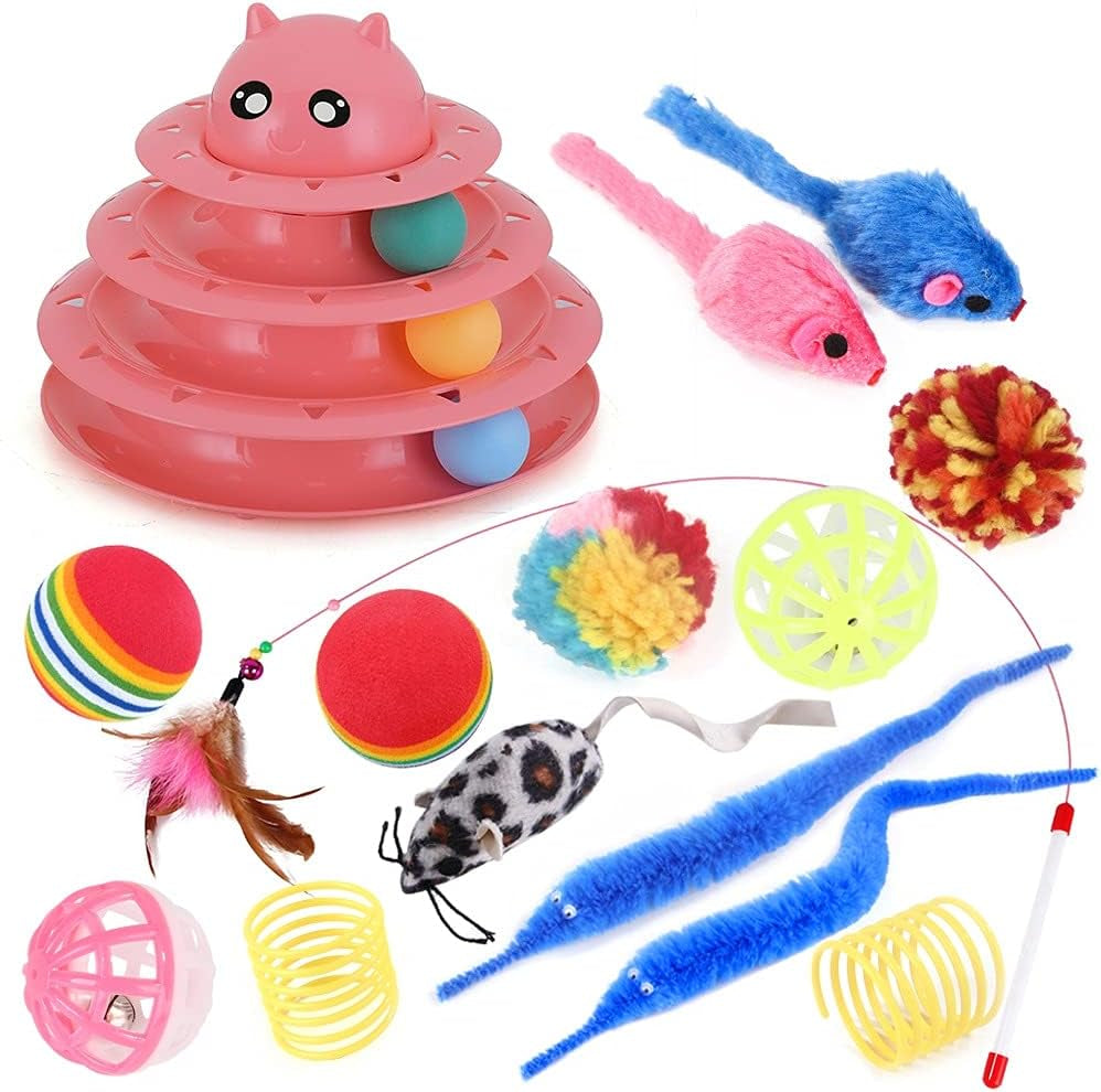 15PCS Cats Feather Toys-Kitten Interactive Assortments Including Tower of Tracks 3-Tier Cat Toy, Feather Teaser -Wand,Bells Toys,Crinkle Balls,Springs,Fluffy Mouse (Accessories Color Random) (Pink)