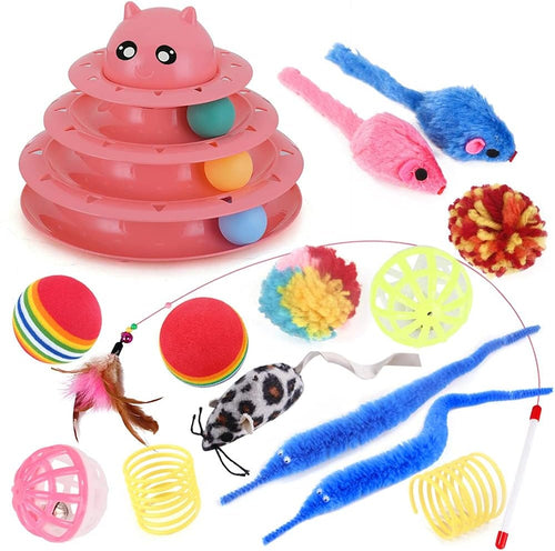 15PCS Cats Feather Toys-Kitten Interactive Assortments Including Tower of Tracks 3-Tier Cat Toy, Feather Teaser -Wand,Bells Toys,Crinkle Balls,Springs,Fluffy Mouse (Accessories Color Random) (Pink)