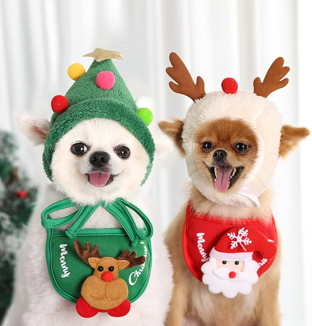 Christmas Dog Bandana Set with Hat Accessories for Small Medium Dogs Cats Pet Scarf Triangle Bibs Dog Christmas Costume Senta Elk Handkerchiefs Scarfs (L, Green+White)